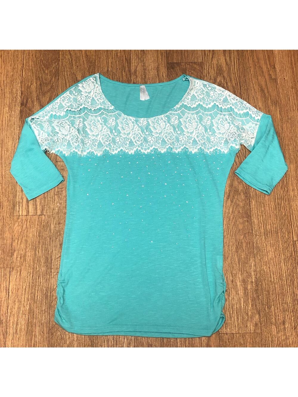 Vanity Green White Floral Sheer Lace Rhinestones Quarter Sleeve Blouse Small